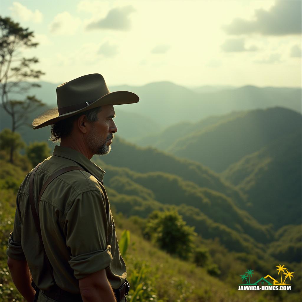  A lone German settler, clad in worn earth-toned clothing and wide-brimmed hat, stands amidst the lush Jamaican landscape, gazing out at the rolling hills of Montpelier Estate, a mix of trepidation and determination etched on his weathered face, as the faint outline of Shettlewood Pen's structures rises in the distance, warm sunlight casting long shadows across the terrain, with a sense of unease and uncertainty hanging in the air, like the fading light of day, captured in a cinematic film still, with the grainy texture of 35mm film, a subtle vignette drawing the viewer's eye to the settler's resolute figure, the color palette rich and muted, with deep blues and golds, evoking the works of Terrence Malick, Emmanuel Lubezki, and Roger Deakins, exuding a sense of epic drama and atmospheric tension.
