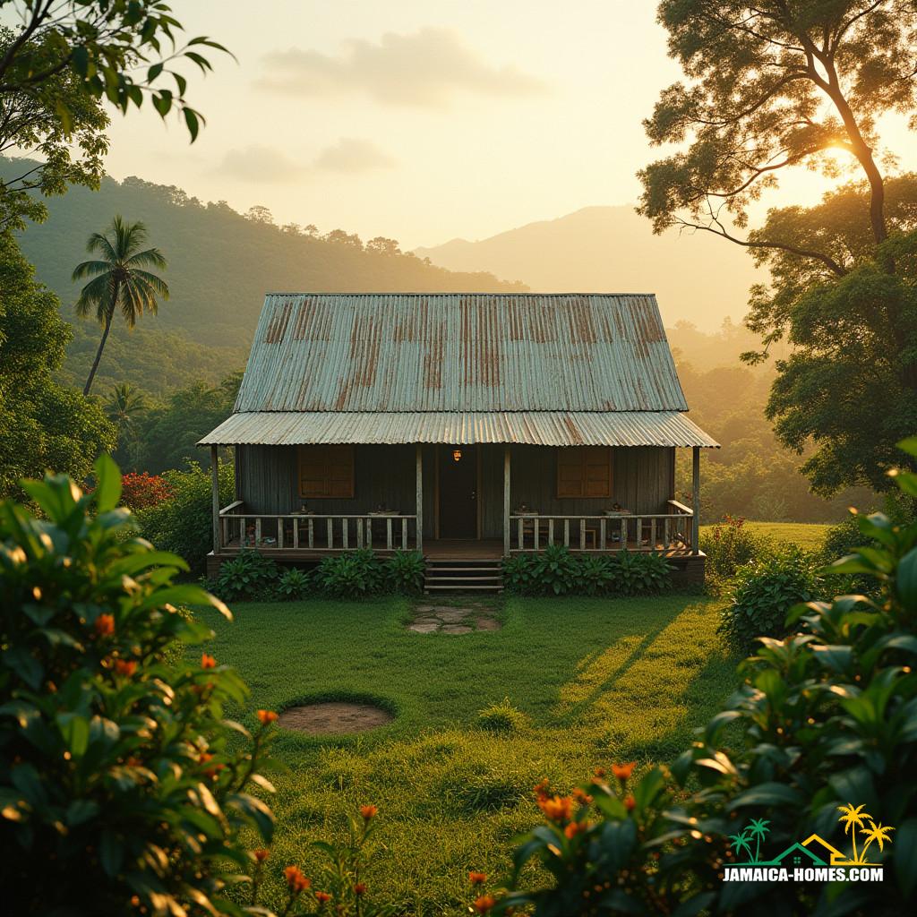 From Yard to Sold: 50 Mistakes That Mash Up Jamaican Property Deals A majestic traditional Jamaican farmhouse, surrounded by lush greenery, situated on 2 acres of rolling hills and tropical landscape, bathed in warm, golden cinematic lighting, with a sense of depth and atmosphere.