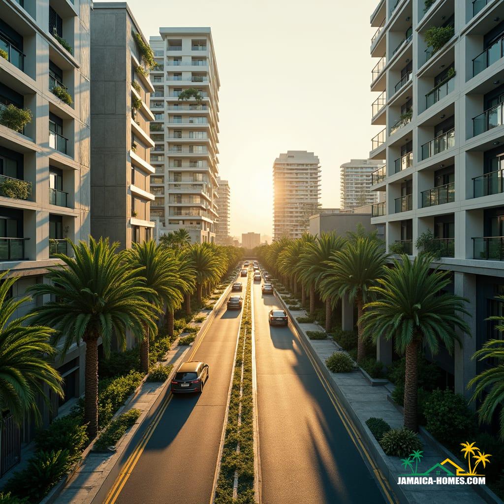 Vibrant mixed-use developments in Jamaica, blending coastal and urban landscapes, where sleek, modern residential towers meet bustling commercial hubs and scenic recreational spaces. Developers incorporate lush greenery, pedestrian-friendly walkways, and public art installations, fostering a sense of community. 