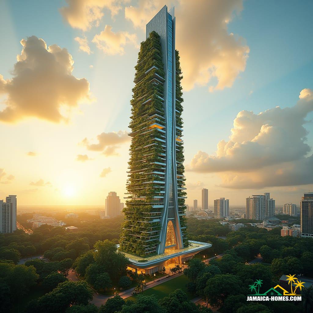 iconic skyscraper for downtown Kingston, Jamaica, that combines sleek, futuristic design with Jamaican cultural motifs.