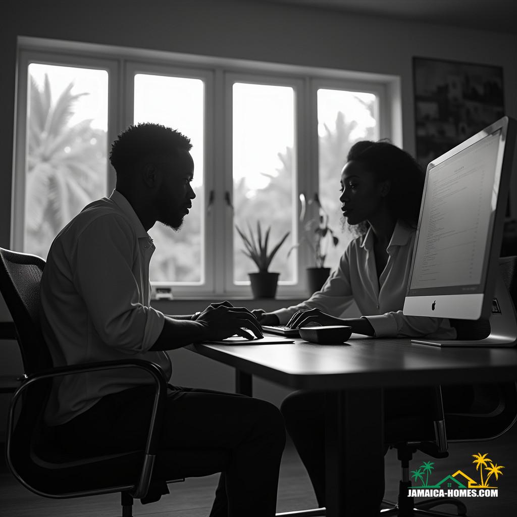 Artificial intelligence Two black real estate agents, dressed in professional attire, sit in a modern Jamaican office, surrounded by Caribbean architectural elements, utilizing a computer to streamline tasks with AI-powered tools like ChatGPT, as cinematic lighting pours in through the windows, casting a warm glow on their focused faces, captured in a stunning, high-contrast, black and white film still, shot on a V-Raptor XL camera, with a hint of film grain, subtle vignette, and precise color grading, evoking the timeless feel of 35mm film, post-processed to perfection, exuding an atmospheric, epic quality, reminiscent of the works of cinematographers like Emmanuel Lubezki and Roger Deakins, with a dash of Gordon Parks' mastery of light and shadow.