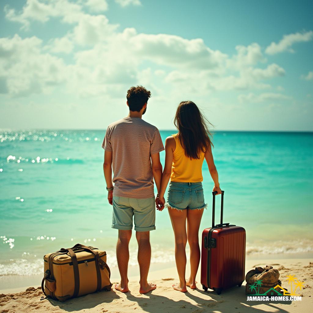 When Love Relocates: Hard Truths About Relationships, Real Estate, and the Journey from London to Jamaica Young couple in their early twenties, dressed in casual, vibrant clothing, standing at the edge of a sun-kissed Jamaican beach, with a stunning turquoise ocean stretching out before them, their faces a mix of exhilaration and trepidation as they gaze out at their new surroundings, with a few suitcases and bags scattered around them, cinematically lit with warm, golden tones