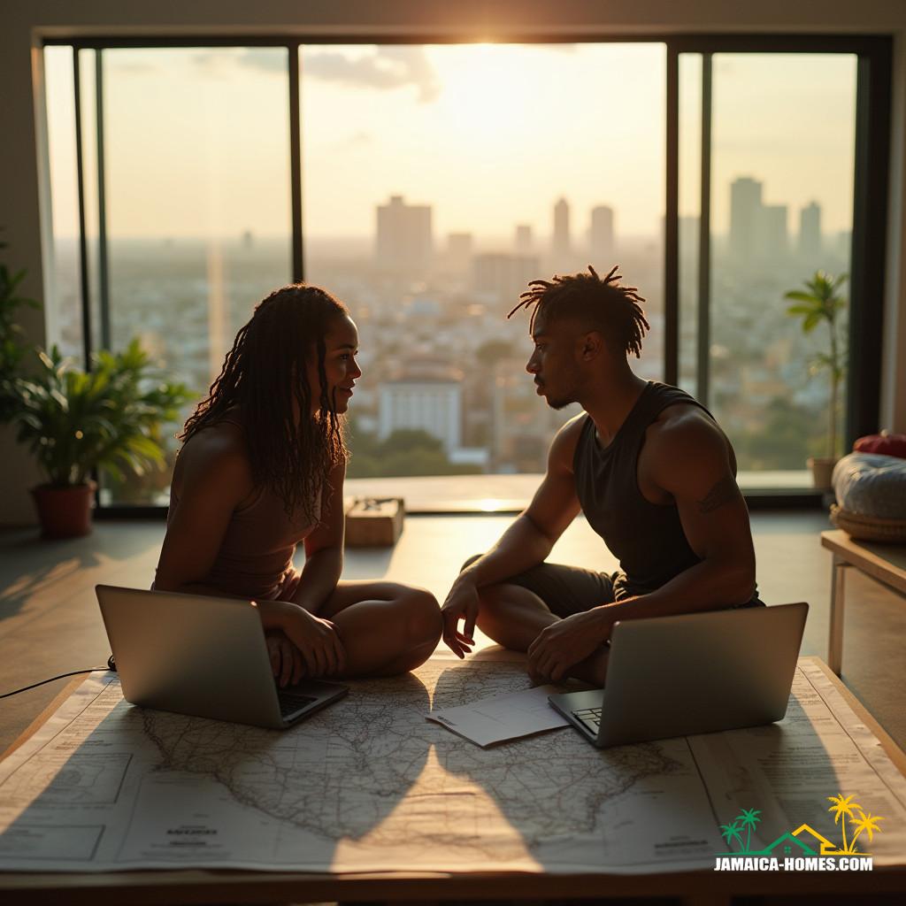 Flipping A youthful, light-skinned, mixed-raced Jamaican couple with dreadlocks, dressed in athletic wear, intensely studying financial documents and laptops, surrounded by maps and blueprints of Jamaica, in a modern, minimalist home gym, with a stunning cityscape view of Kingston in the background, warm golden lighting, soft focus, shallow depth of field, cinematic color grading, subtle film grain, and a hint of vignette, reminiscent of the cinematic styles of Ryan Coogler, Ava DuVernay, and Amma Asante, with a dash of Gordon Parks' documentary realism, capturing the essence of a momentous occasion, as they work together to secure their first real estate investment property in Jamaica.