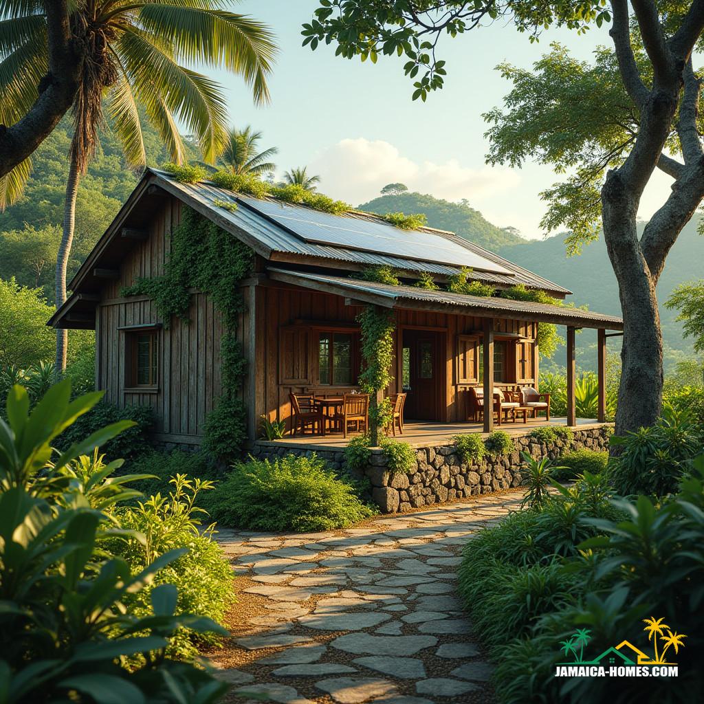 Golden Grove A serene Jamaican homestead, "Golden Grove", nestled amidst lush tropical gardens, blending rustic charm with modern eco-friendly innovations, as if plucked from a cinematic dreamscape. The wooden façade, weathered to a warm patina, is adorned with verdant vines, while stone walls provide a sturdy foundation, evoking a sense of earthy connection. Wide, shaded verandas invite relaxation and community gatherings, overlooking thriving edible gardens, where sunlight filters through leafy greens and vibrant blooms. Solar panels, discreetly integrated into the roof, harness the Caribbean sun's energy, while a rainwater harvesting system collects precious droplets, reflecting the homeowner's commitment to sustainability.