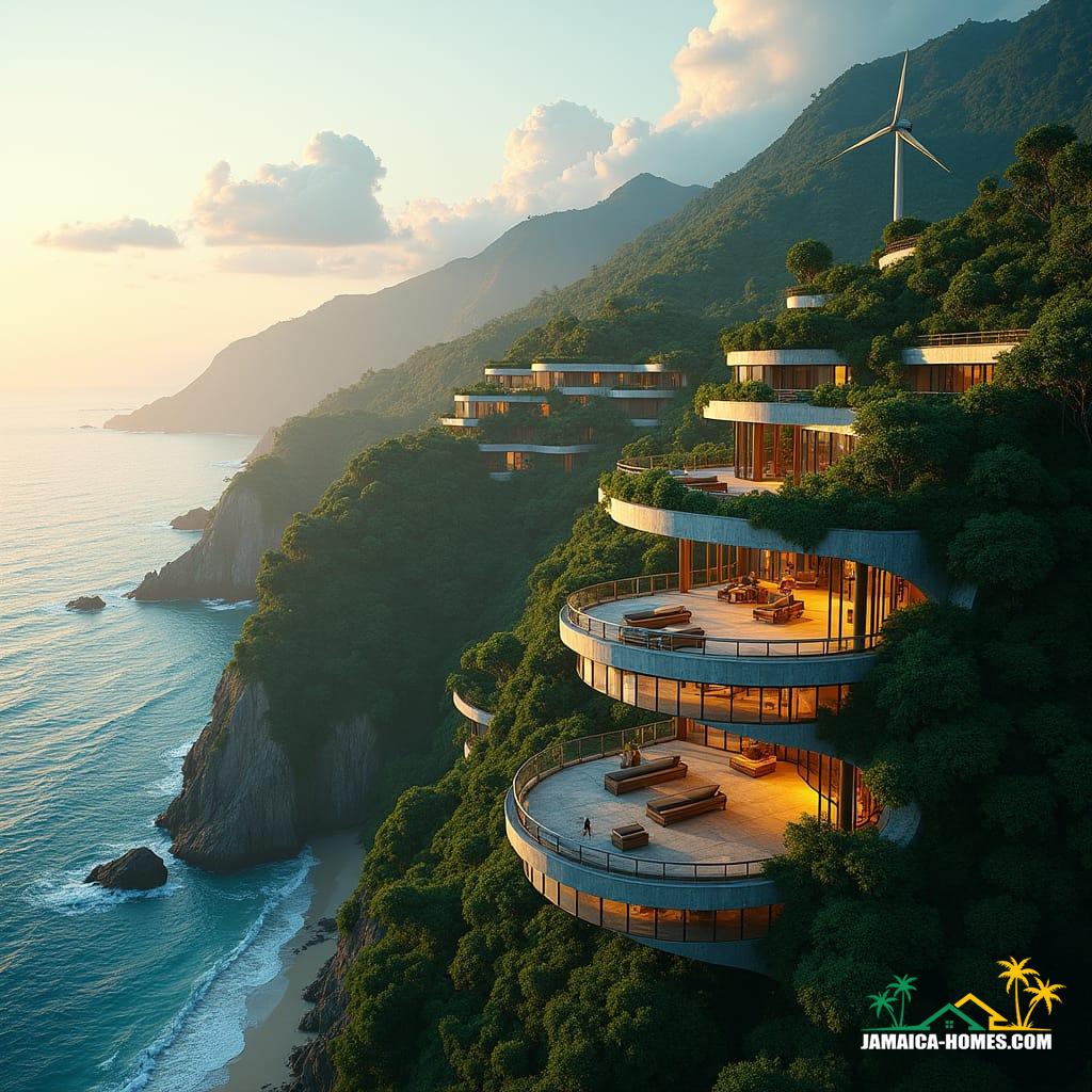 A majestic, eco-friendly resort in Jamaica's lush tropical landscape, seamlessly blending into the surrounding environment
