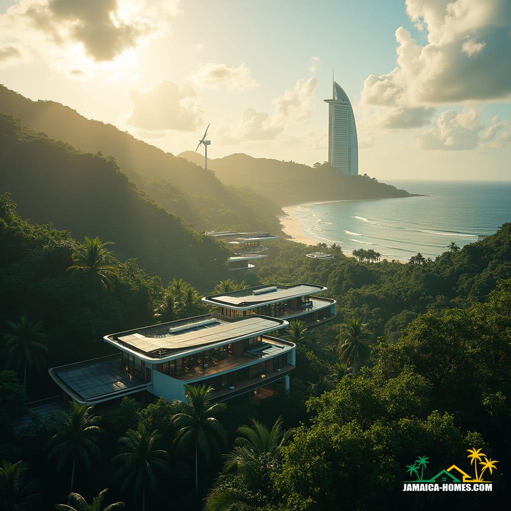 A majestic, eco-friendly resort in Jamaica's lush tropical landscape, seamlessly blending into the surrounding environment