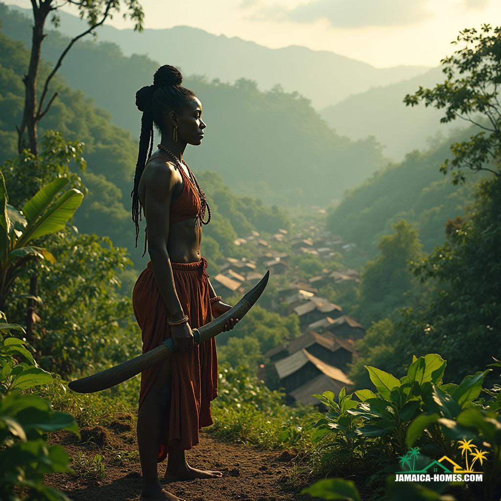 Nanny Town A breathtaking, cinematic depiction of 1700s Nanny Town, perched 2,000 feet above sea level, amidst the dense, emerald jungles of Portland, Jamaica. The settlement thrives, with 140 thatched-roof houses blending seamlessly into the rugged terrain, as Maroons engage in daily life - some tending to lush crops, others sharpening wooden spears, and leaders convening in strategic discussion. At the forefront, the fearless Nanny stands tall, her powerful presence commanding attention, clad in traditional, earth-toned clothing, machete in hand, exuding leadership and calculated resolve. In the background, British troops, clad in crimson coats, struggle to breach the impenetrable forest, their muskets at the ready, as the Maroons prepare to defend their stronghold. The scene pulsates with tension, resilience, and the unyielding spirit of freedom, as warm, golden light filters through the dense foliage, casting dramatic shadows on the Maroons' defensive preparations. Charred remains of rebuilt homes bear testament to the community's unbreakable will, as they rebuild amidst turmoil. Inspired by the works of Albert Bierstadt, Thomas Cole, and Jacob Lawrence, this masterpiece is rendered in a cinematic, film-noir style, with a 35mm film aesthetic, live-action texture, and atmospheric, vignette-softened edges, evoking the timeless, epic beauty of a bygone era.