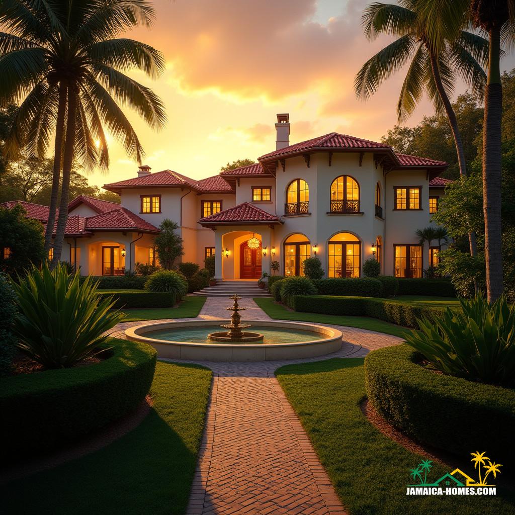A majestic Mediterranean Revival estate in Jamaica, with stucco walls, terra cotta red-tiled roofs, and arched windows, set amidst lush tropical gardens