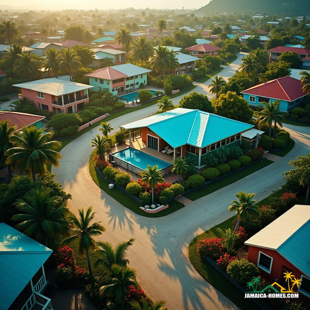 Aerial view of a vibrant Jamaican neighborhood, with a mix of colorful houses and lush greenery, in warm, golden light, with a hint of film grain and subtle vignette, evoking a sense of cinematic grandeur. A winding road snakes through the community, lined with palm trees and vibrant tropical flowers, leading the viewer's eye to a stunning, modern house with a bright blue roof, surrounded by similar homes, all with unique Caribbean flair. The atmosphere is lively, with a few people milling about, giving a sense of community and activity, as if a real estate agent is about to show the property to potential buyers.