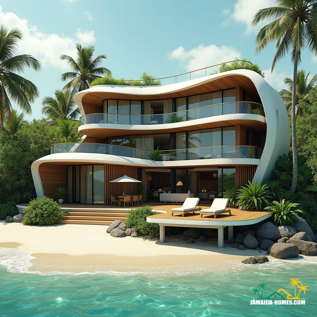 A luxurious and modern three-story beachfront home in Jamaica, blending contemporary architecture with tropical aesthetics.