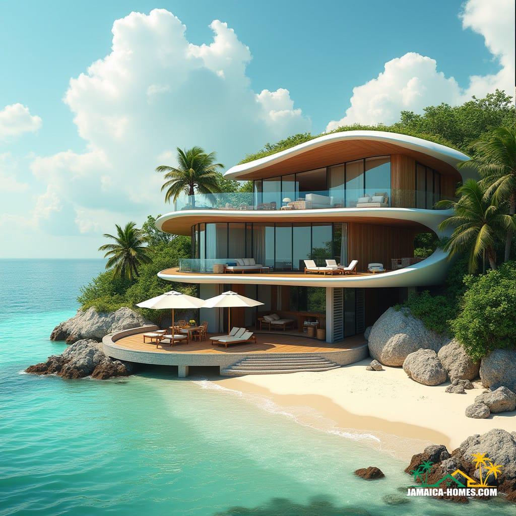 A luxurious and modern three-story beachfront home in Jamaica, blending contemporary architecture with tropical aesthetics.