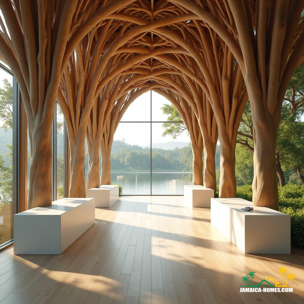 Modern Timber Arcades Overlooking Nature An interior design of a modern architectural space featuring a series of intricate wooden arches that resemble tree branches supporting the ceiling. The structure has expansive floor-to-ceiling glass windows that provide a stunning view of a serene lakeside landscape with lush greenery. The flooring is light wood, complementing the natural aesthetic of the structure. Include minimalistic, modern white desks placed along the interior, designed to harmonize with the organic and airy feel of the space. The setting is illuminated by soft natural light streaming through the windows, enhancing the warmth and elegance of the wooden elements. The overall atmosphere evokes calmness, innovation, and a seamless blend of architecture and nature in Jamaica, Caribbean.
