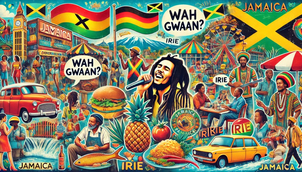A watta guwaan yasso? montage that captures the essence of Jamaican Patois, culture, and vibrancy. It blends iconic Jamaican themes like reggae, traditional food, and famous landmarks to convey the warmth and