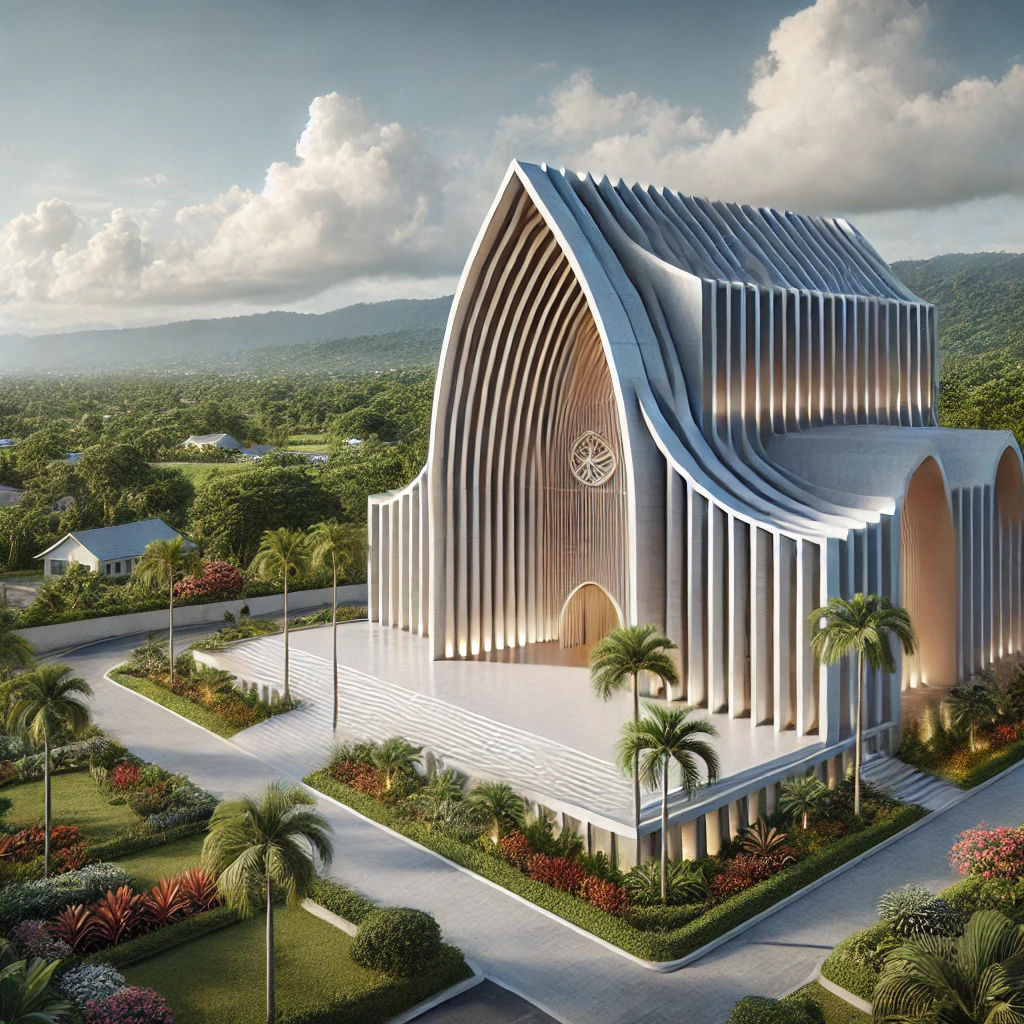 Angled exterior view of the modernized church set in the beautiful Caribbean landscape of Jamaica.