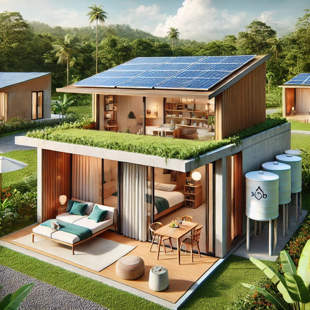Design concept for your 1-bedroom Airbnb unit in Jamaica. It incorporates water harvesting, solar energy, and an open, light-filled layout while staying within the $50,000 USD budget.