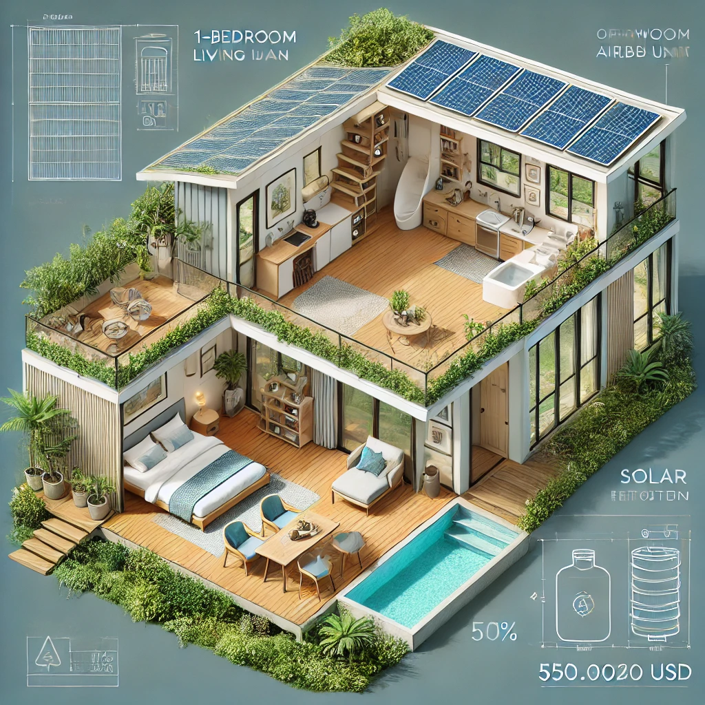 Detailed floor plan of the 1-bedroom Airbnb unit, designed with sustainability, functionality, and comfort in mind.