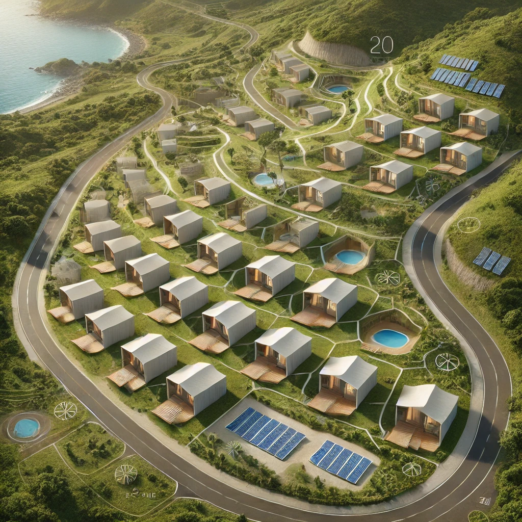 2D site plan of 20 modern eco-friendly Airbnb units spread across a hilltop overlooking the north coast of Jamaica. It includes unit placements, winding roads, solar panels, and lush greenery.