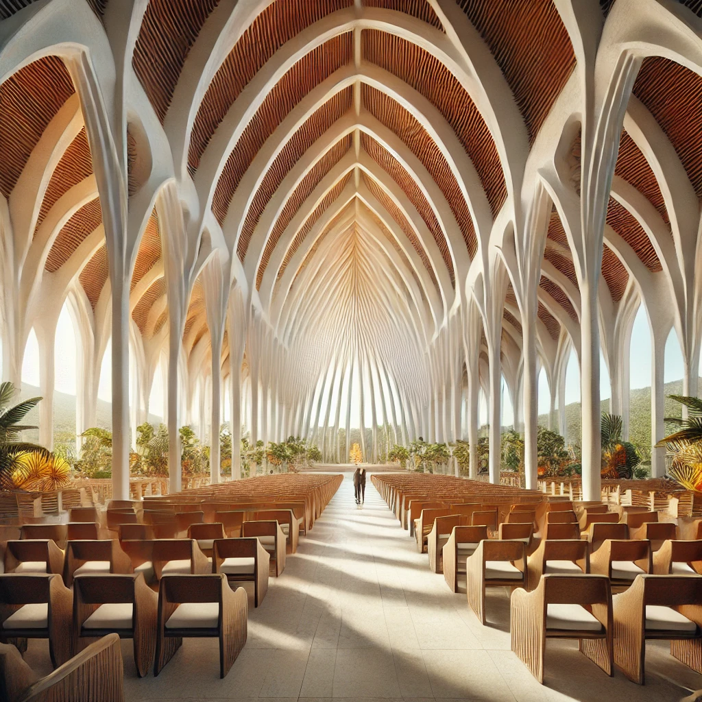 Recreated image of a modernized church inspired by a basilica design, situated in Jamaica, with Caribbean architectural influences and a serene spiritual ambiance.