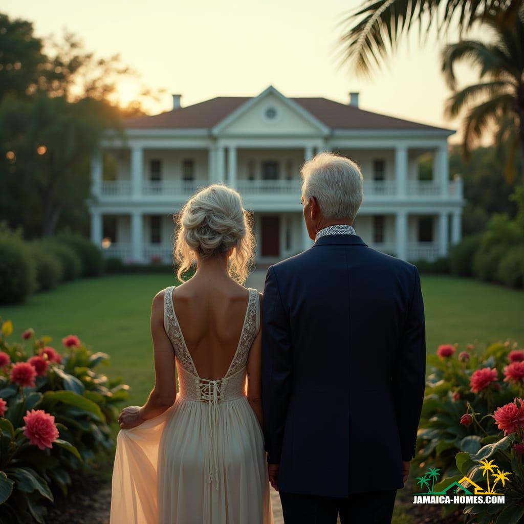 A stately elderly couple, standing poised in front of their grand, colonial-style estate in Kingston, Jamaica, surrounded by lush greenery and vibrant tropical flowers. The woman, with porcelain skin and silver hair styled in loose, effortless waves, wears a flowing, cream-colored evening gown with delicate lace trim, exuding understated elegance. The man, with a distinguished mix of Black and Chinese features, sports a tailored, navy blue suit, complete with a crisp white shirt and patterned tie, his salt-and-pepper hair perfectly groomed. As they gaze out at the serene landscape, their faces are bathed in the warm, golden light of a Jamaican sunset, casting a sense of peaceful tranquility over the scene. Inspired by the cinematic style of Roger Deakins, with a nod to the elegant portraiture of Annie Leibovitz and the lush, atmospheric landscapes of Gregory Crewdson, the image is infused with a sense of nostalgia and longing, as if the couple is savoring a final moment in their beloved home before embarking on a new chapter in their lives. Shot on 35mm film, with a subtle film grain and vignette, the color palette is rich and vibrant, with deep blues and greens contrasting with the warm, golden tones of the sunset, evoking a sense of epic drama and cinematic grandeur.