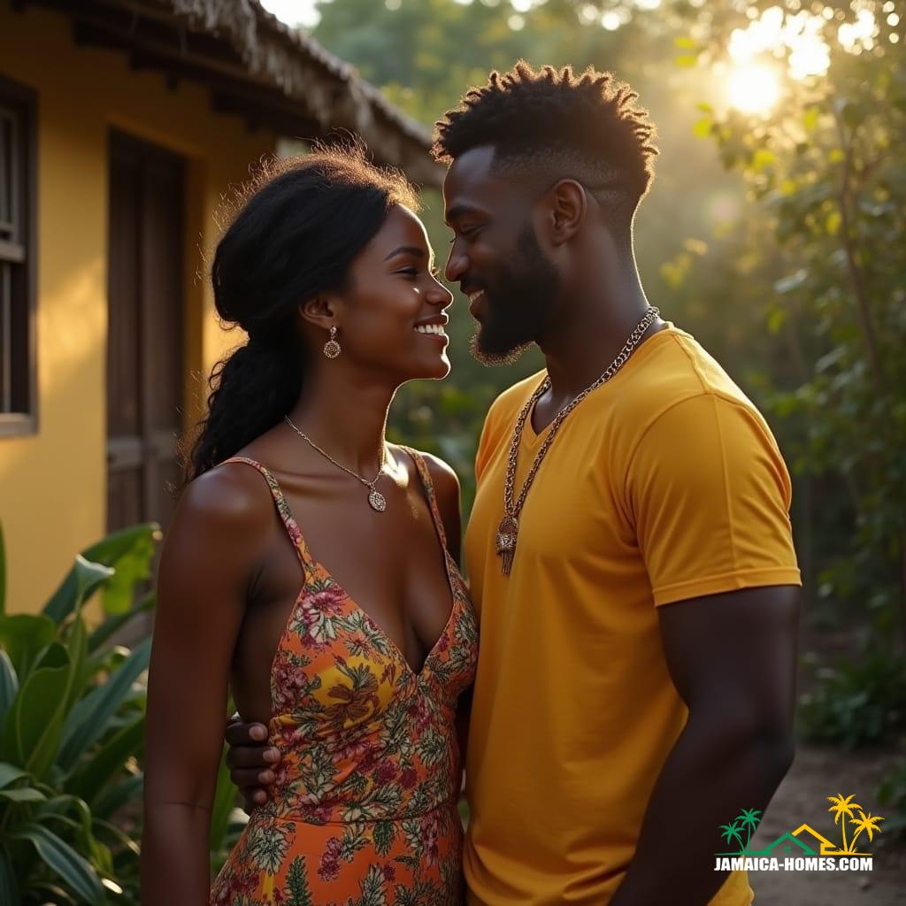 Beautiful Jamaican couple, woman with porcelain skin and sun-kissed hair, man with rich, dark complexion and bright smile, standing together in front of a rustic Caribbean home, warm sunlight casting a golden glow on their loving faces, surrounded by lush tropical foliage, vibrant colors and textures of the island's natural beauty. Inspired by the cinematic styles of Emmanuel Lubezki, Terrence Malick, and Ryan Coogler, with a nostalgic film grain, subtle vignette, and meticulous color grading, evoking the look of 35mm film, shot on a virtual RED V-Raptor XL, with atmospheric lighting and post-processing techniques that enhance the dramatic, epic, and stunning visuals of this live-action masterpiece.