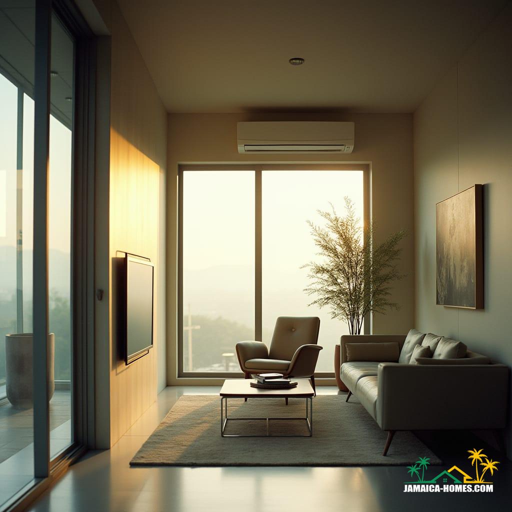 A modern, sleek living room with an energy-efficient inverter AC system mounted on the wall, blending seamlessly into the minimalist decor. Large windows are open, allowing natural light to pour in and a gentle breeze to circulate, emphasizing the harmony between technology and nature. The room's spacious, airy feel is accentuated by the sparse, elegant furniture. Captured in a cinematic film still, reminiscent of a Stanley Kubrick or Christopher Nolan film, with the warm, rich tones of 35mm film grain and a subtle vignette. The color palette is muted, with a hint of warmth, evoking a sense of serenity. The lighting is dramatic, with deep shadows and soft, golden highlights, inviting the viewer to step into the tranquil atmosphere. 