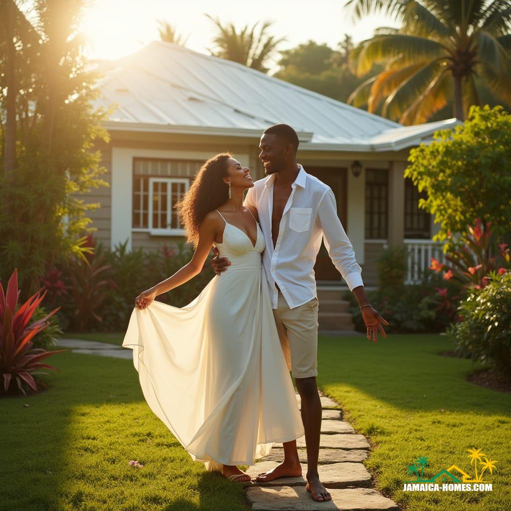 Love, Lies, and Land Titles: The Untold Truth About Real Estate and Relationships in Jamaica Elegant white woman and handsome black man, both radiant with joy, standing together in front of a stunning Caribbean-style starter home in beautiful Jamaica, surrounded by lush greenery and vibrant tropical flowers. Soft, warm light casts a golden glow on their faces, accentuating their happiness. The woman's long, flowing white dress billows gently in the breeze, while the man's bright smile and outstretched arm add to the sense of love and togetherness. Inspired by the cinematic styles of Terrence Malick, Wong Kar-wai, and Ava DuVernay, with a hint of Gordon Parks' nostalgic documentary feel. Cinematic film still aesthetic, shot on high-end digital camera, with added film grain, subtle vignette, and meticulous color grading to evoke a sense of timeless romance and wonder.