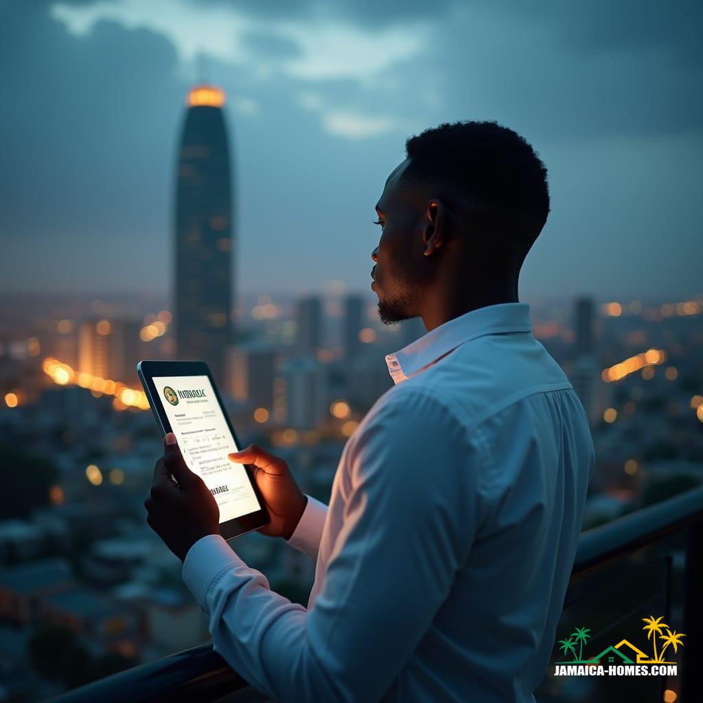 Blockchain technology A sleek, futuristic cityscape of Kingston, Jamaica at dusk, with a massive, gleaming skyscraper in the background, symbolizing the intersection of technology and real estate. In the foreground, a close-up of a person's hands, dressed in a crisp, white business shirt, holding a tablet with a blockchain-based property transaction on the screen, as they gaze out at the cityscape, representing the fusion of innovation and tradition. The image is captured in a cinematic film still style, reminiscent of a v-raptor XL camera, with pronounced film grain, subtle vignette, and vibrant color grading, evoking a sense of depth and drama. The lighting is moody and atmospheric, with a warm glow emanating from the tablet screen, casting a golden light on the subject's face, while the cityscape behind is bathed in a cool, blueish hue, accentuating the contrast between old and new. The overall aesthetic is inspired by the works of Syd Mead, Ash Thorp, and Simon Stalenhag, blending sci-fi and realism to create a visually stunning, thought-provoking image.