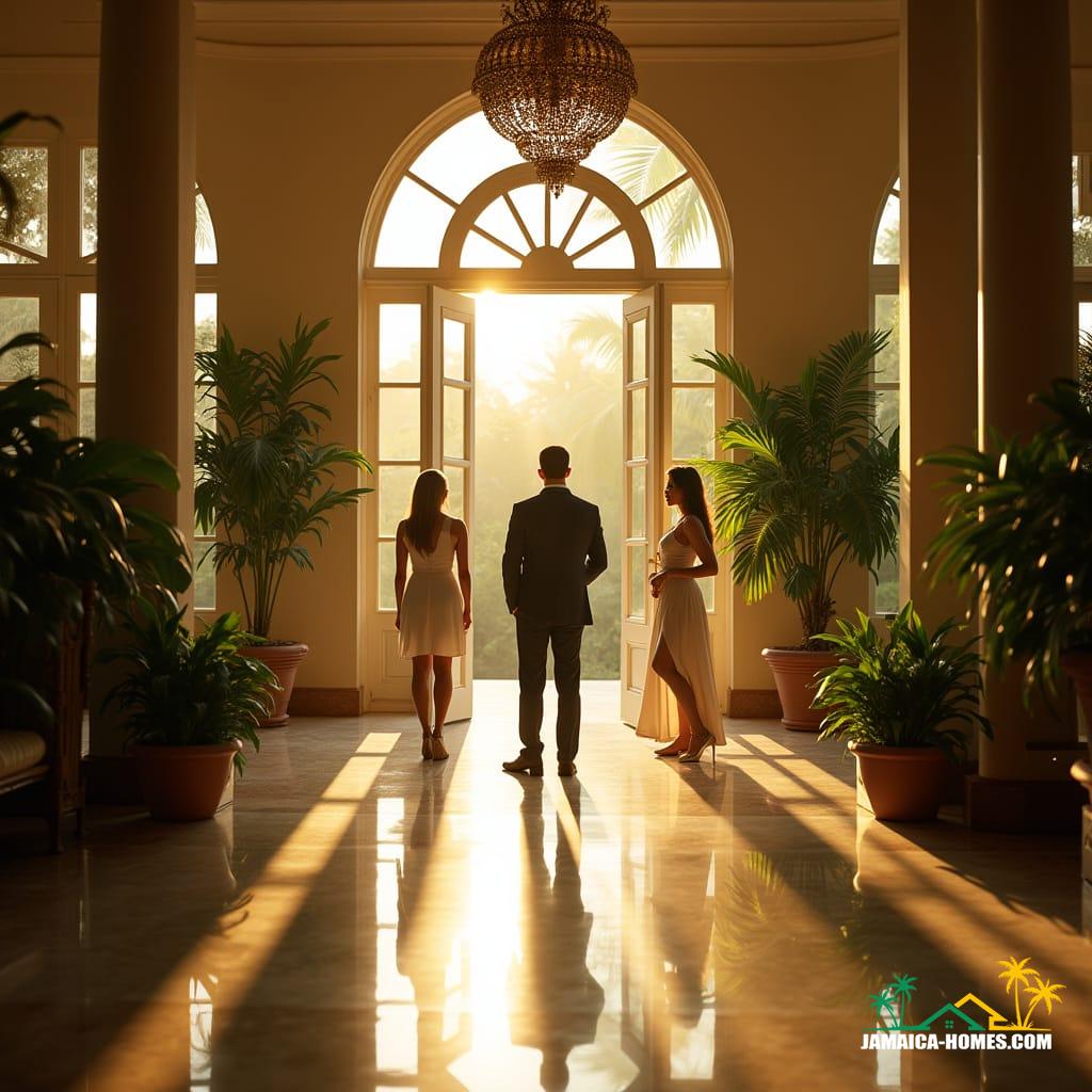 Navigating Commission Tensions in Jamaica’s Real Estate Reality Elegant real estate agents, impeccably dressed in tropical attire, standing in the grand foyer of a luxurious Jamaican stately house, surrounded by lush Caribbean greenery, warmly lit by the golden glow of afternoon sunlight streaming through the large windows, casting long shadows and emphasizing the opulent architectural details, as they prepare for an open house, amidst the faint scent of blooming hibiscus and the distant sound of reggae music, cinematic lighting emphasizing the drama of the scene, with a hint of film grain and vignette, evoking the feeling of a 35mm film still, shot on a v-raptor XL, with a color grade that amplifies the vivid colors of the Caribbean, in the style of Terrence Malick, with the atmospheric depth of a David Lean epic, and the stunning visuals of a James Cameron masterpiece.