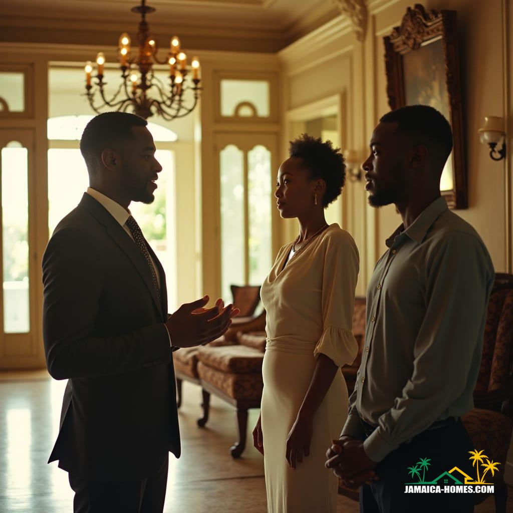 A poised, mixed-race real estate agent, dressed in professional attire, standing in the grand foyer of a stately Jamaican mansion, engaging in conversation with a prospective white couple, amidst the warm, golden light of the Caribbean afternoon. The agent's confident smile and gestures convey expertise and enthusiasm, as they highlight the property's luxurious features. The couple listens intently, their faces reflecting a mix of interest and skepticism. In the background, the elegant architecture of the mansion is visible, with ornate wooden furnishings, high ceilings, and large windows that frame the lush, tropical surroundings. The atmosphere is one of refinement and sophistication, with a hint of island charm. Inspired by the works of Gordon Parks, Kwame Brathwaite, and Albert Chong, this cinematic still exudes a sense of drama and elegance, with a color palette that blends warm, earthy tones with cool, creamy hues, evoking the feeling of a bygone era. Shot on 35mm film, with a subtle film grain and vignette, this image is a masterpiece of cinematic storytelling, inviting the viewer to step into the world of high-end real estate in Jamaica.