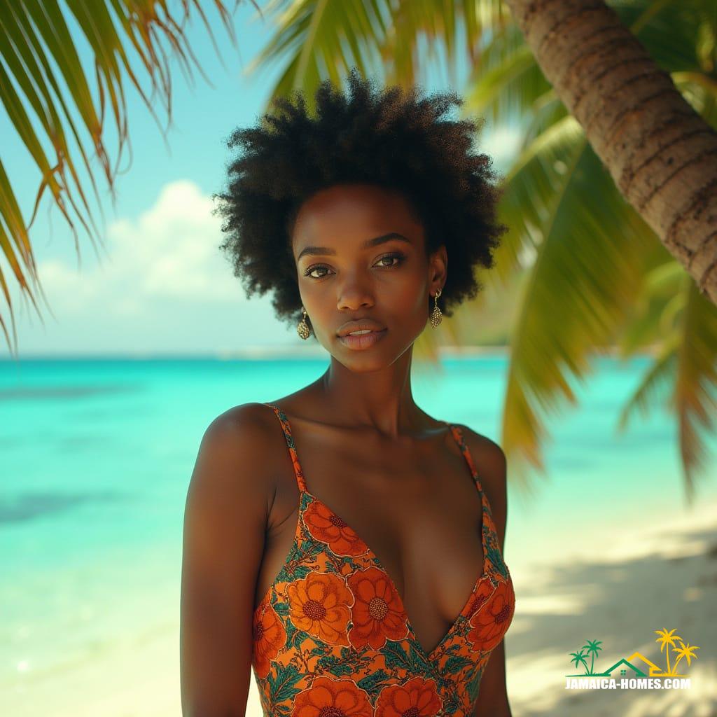 woman, dressed in a vibrant all-in-one dress, standing against a breathtaking turquoise Caribbean Sea backdrop with lush Jamaican palm trees, warm golden sunlight casting a dramatic glow on her face.