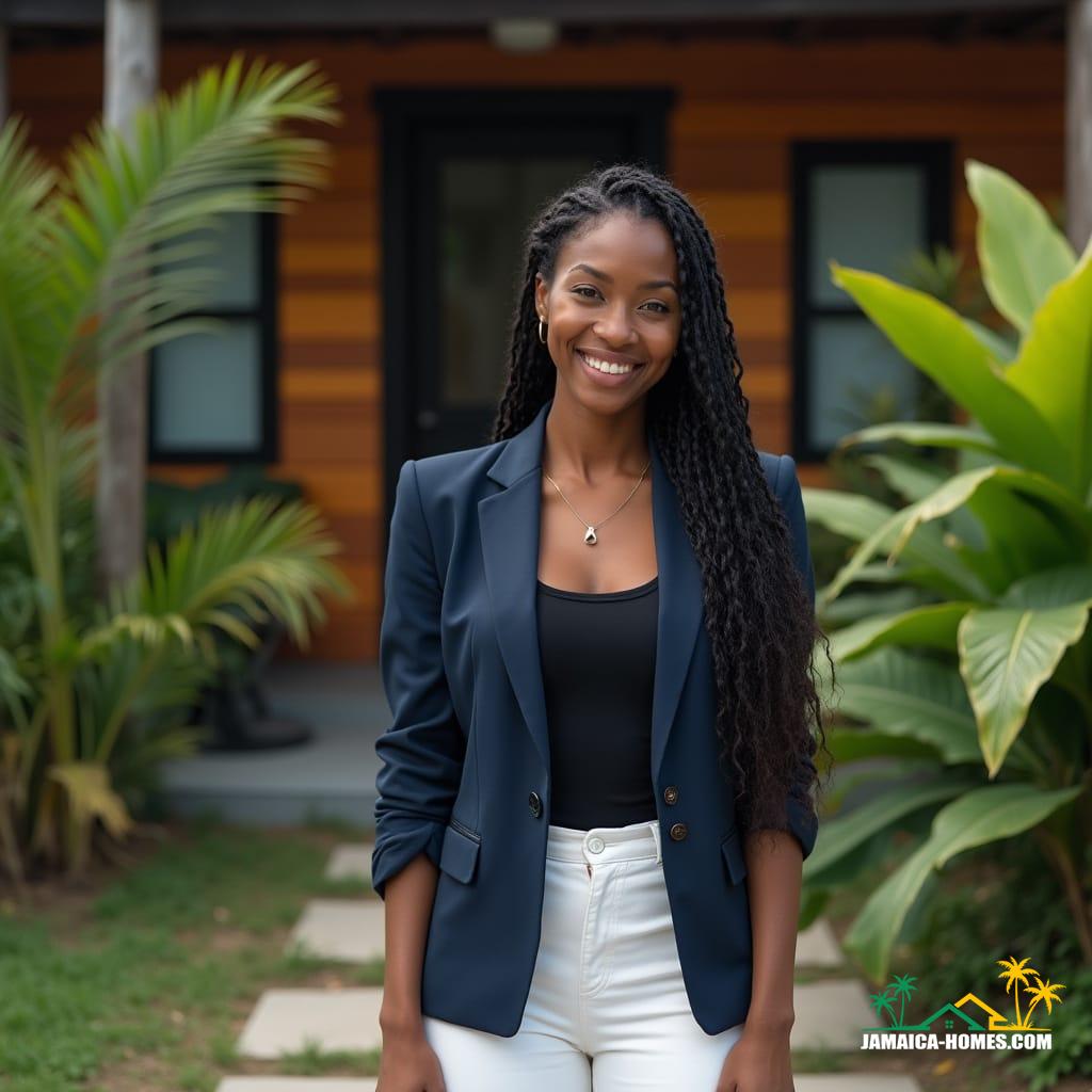 A mixed-race woman in crisp, high-contrast professional attire, comprising a tailored navy blazer with subtle shoulder pads and fitted white dress pants, stands poised in front of a modern Jamaican home with vibrant wood accents and lush greenery, her warm, welcoming smile radiating confidence and approachability. The background seamlessly blends the vibrant streets of Jamaica, showcasing a kaleidoscope of colors, textures, and cultural influences, from the rustic charm of wooden street carts to the bright hues of tropical flora. Shot on a v-raptor XL, this cinematic film still boasts a distinct film grain, subtle vignette, and meticulous color grading, evoking the aesthetic of 35mm film. The post-processing is masterful, with atmospheric lighting that accentuates the subject's presence, while the live-action feel is palpable. Inspired by the dramatic works of Roger Deakins, the atmospheric sensibilities of Emmanuel Lubezki, and the vibrant color palettes of Rachel Morrison, this image is a masterpiece of cinematic storytelling.