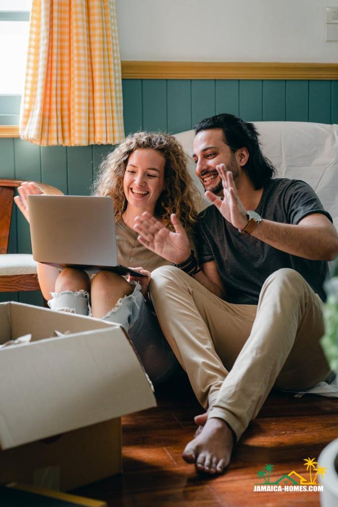 Mortgage pre-approval cheerful couple having video chat via laptop