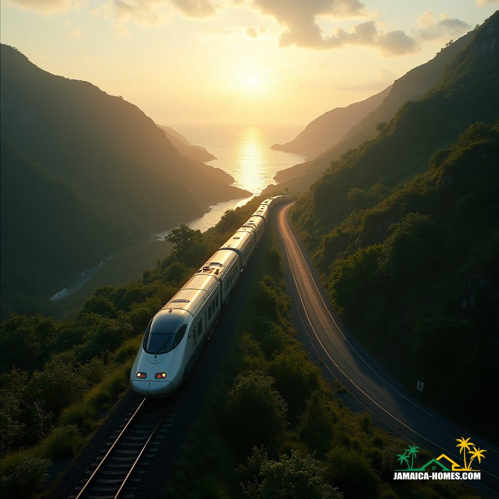 A modern bullet train snakes through the mountainous terrain of Jamaica outside Kingston, with steep verdant hills on one side and deep valleys with glittering rivers on the other. Glimpses of the vibrant Caribbean Sea appear in the far distance. Winding roads parallel the train tracks. Cinematic lighting, captured during the golden hour at sunrise, casts dramatic, elongated shadows across the mountains and creates striking reflections in the water below. Shot on ARRI Alexa 65mm, film grain, vignette, color graded, post-processed, 35mm film, live-action, best quality, atmospheric, masterpiece, epic, stunning, dramatic.