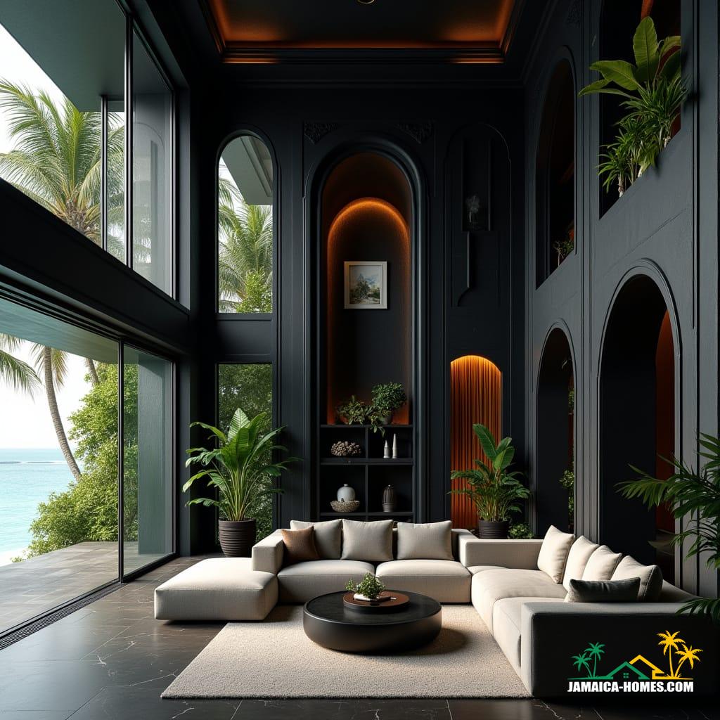 A luxurious modern Gothic-inspired interior in a Caribbean cottage
