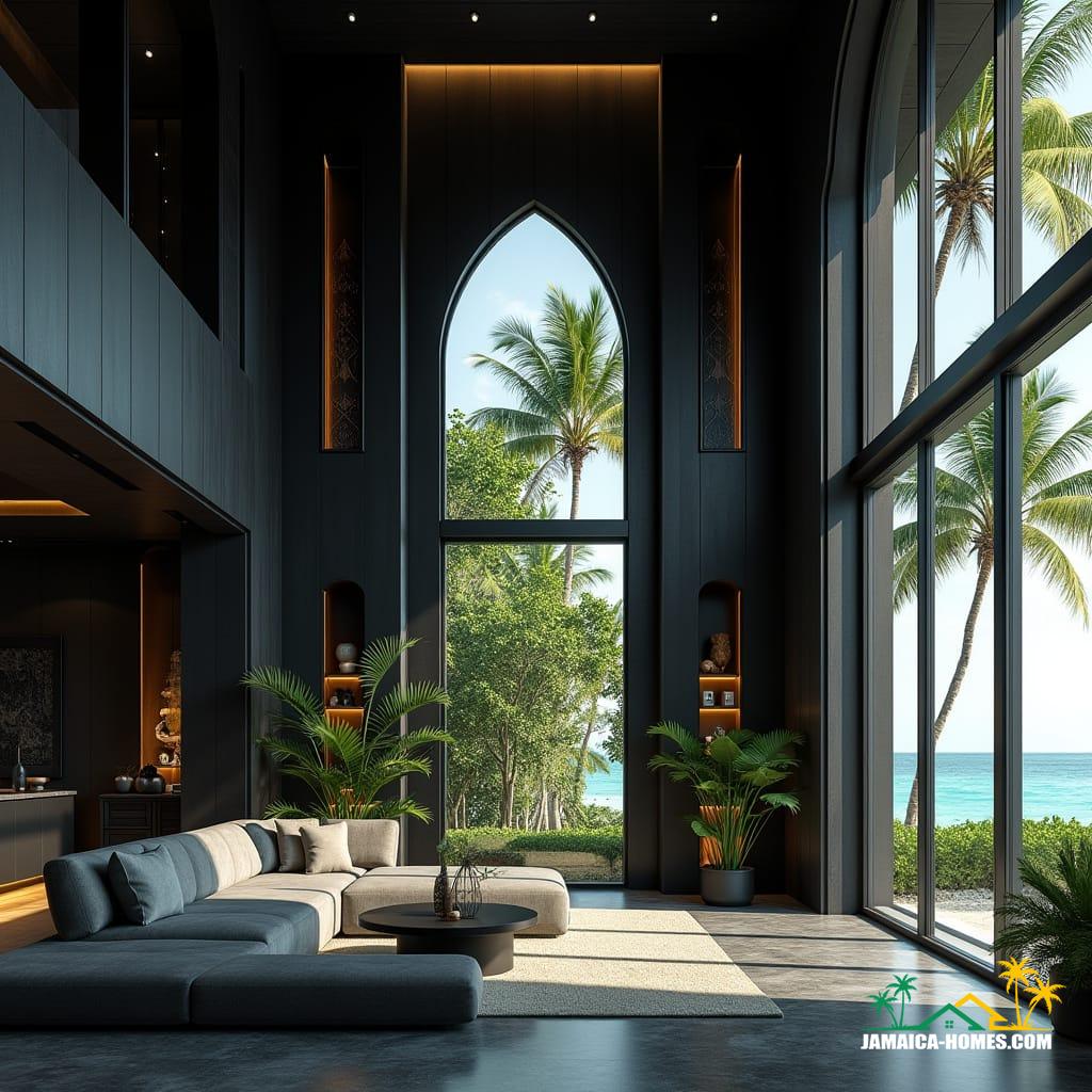 A luxurious modern Gothic-inspired interior in a Caribbean cottage