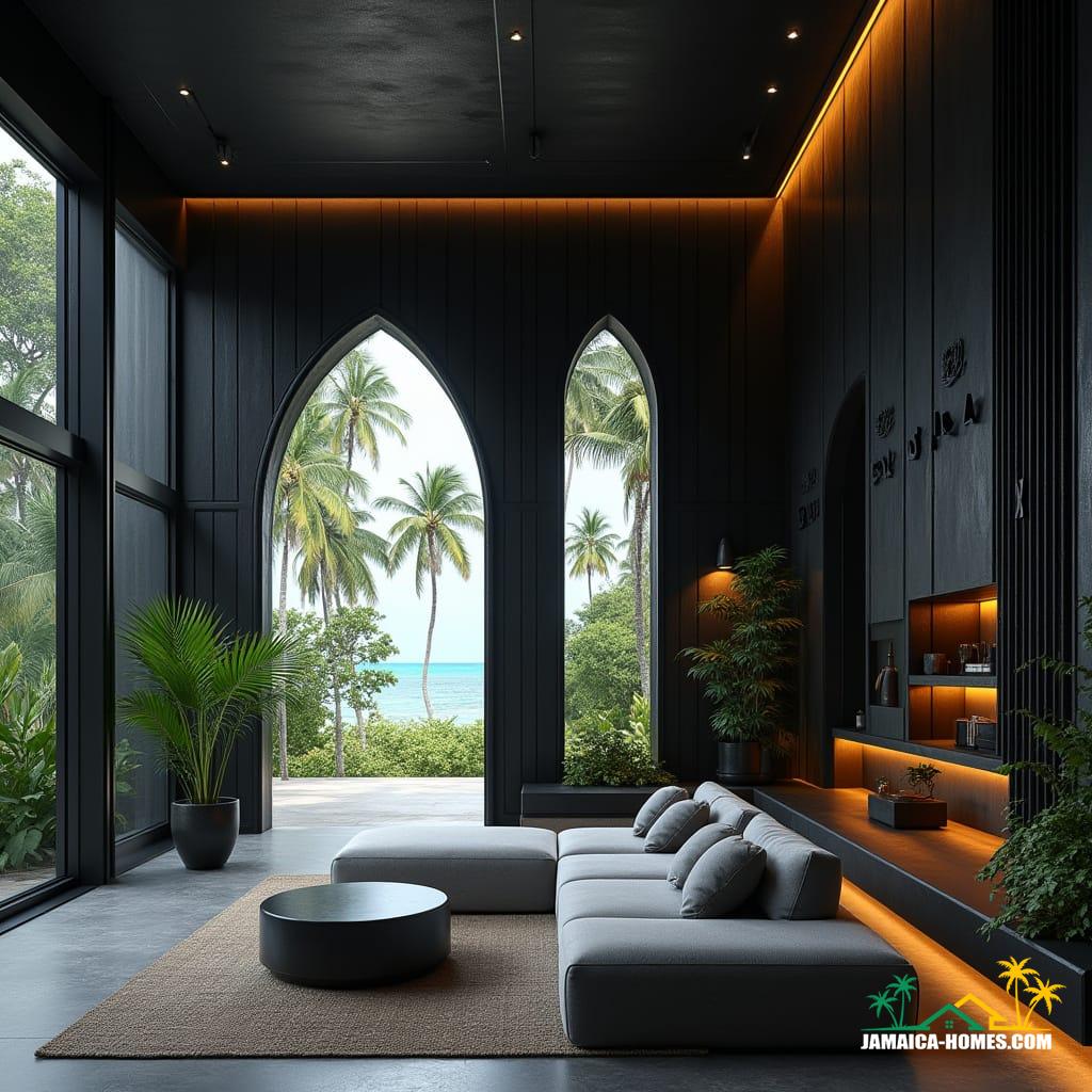 A luxurious modern Gothic-inspired interior in a Caribbean cottage
