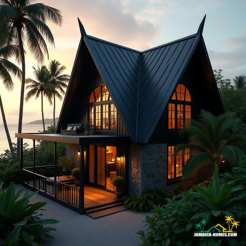 A striking black Gothic-style cottage in Jamaica, featuring pointed arch windows with slim black steel frames, a steep pitched roof with matte black shingles, and textured dark stone accents. Tropical palm trees and lush greenery surround the house, contrasting beautifully with the dramatic black façade. Modern minimalist touches include clean lines, open glass doors, and a sleek balcony with glass railings. A small wraparound veranda combines Gothic wrought iron detailing with contemporary polished wood flooring. Warm golden interior lighting glows through the windows, creating a welcoming atmosphere against the tropical evening sky. The Caribbean backdrop features a turquoise sea, golden sunlight, and hints of misty mountains in the distance. The mood is dramatic yet inviting, a perfect fusion of Gothic architecture and modern Caribbean living. Cinematic film still, shot on v-raptor XL, film grain, vignette, color graded, post-processed, cinematic lighting, 35mm film, live-action, best quality, atmospheric, masterpiece, epic, stunning, dramatic.