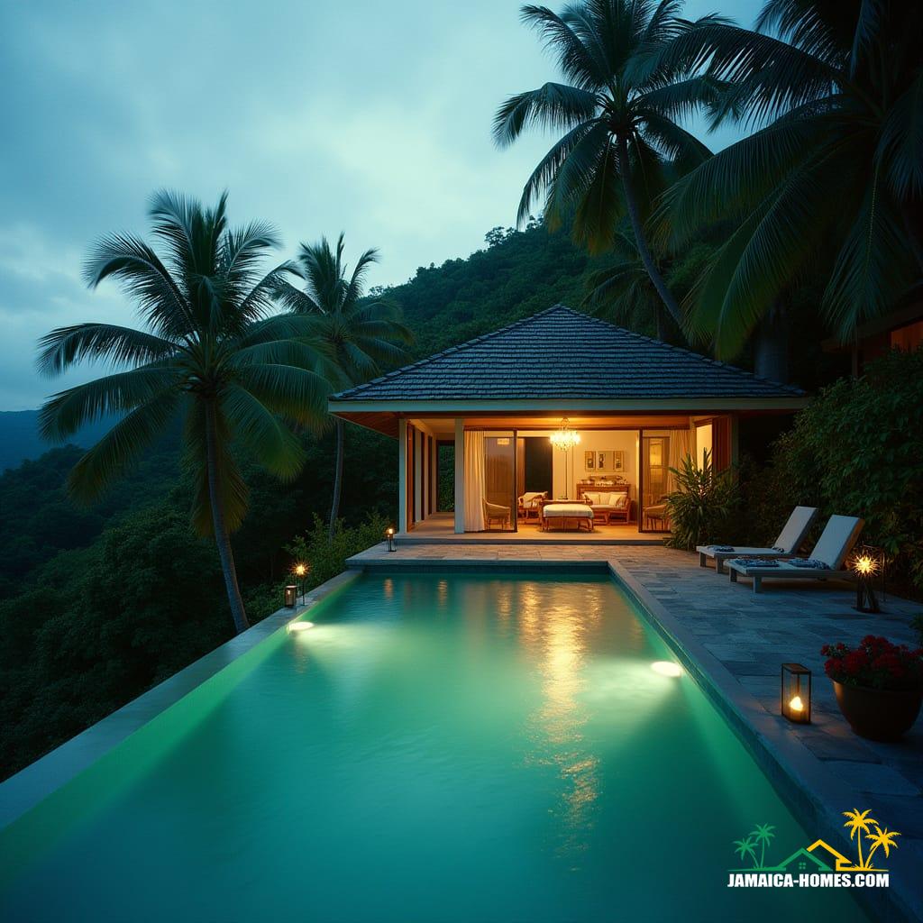 A peaceful, modern Jamaican cottage sits nestled in the lush Caribbean, overlooking a crystal-clear pool. Cinematic film still, captured on a V-Raptor XL with a 35mm lens. The scene is bathed in dramatic, atmospheric cinematic lighting creating an epic, stunning masterpiece with rich color grading, subtle film grain, and a gentle vignette.