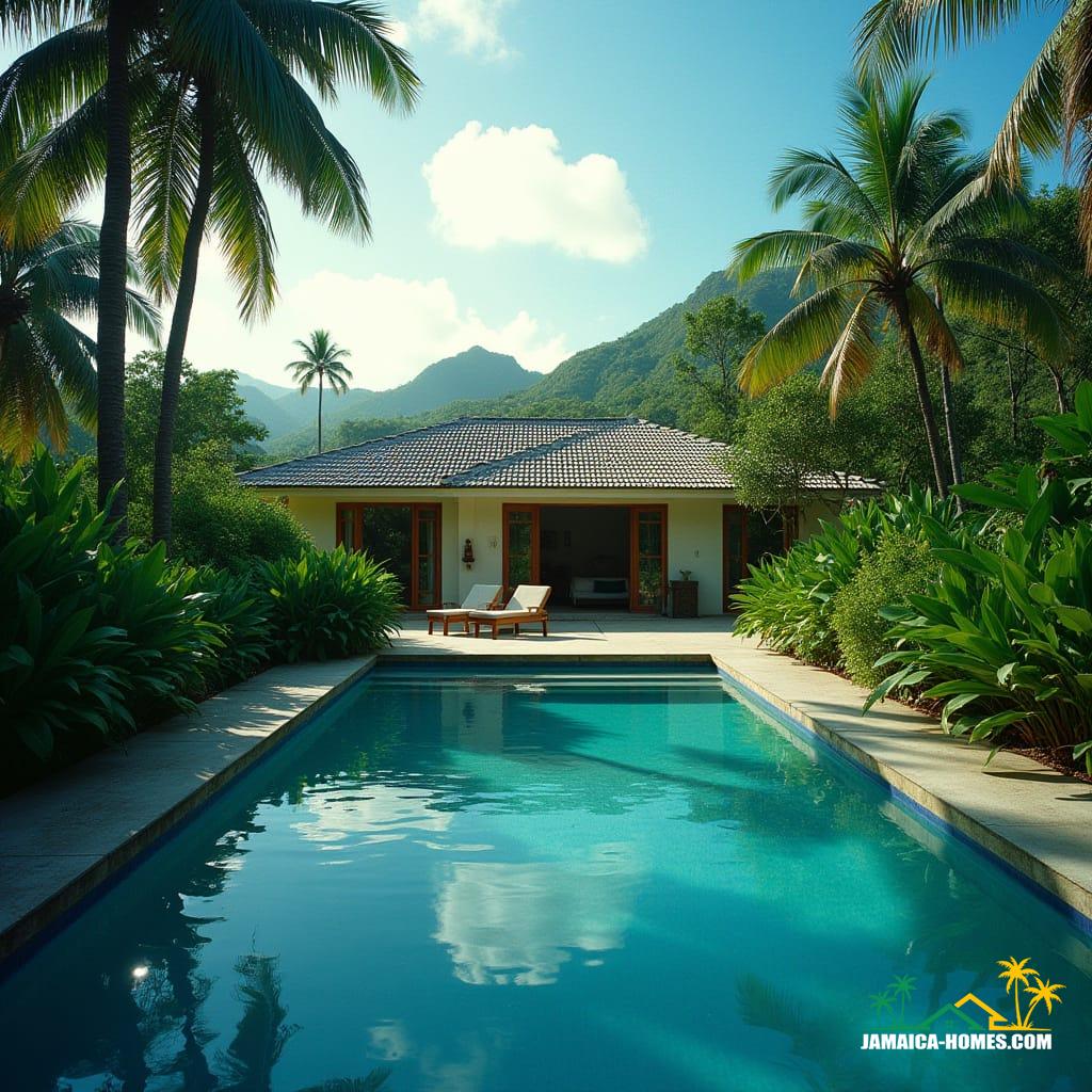 A modern Jamaican cottage nestled in the lush Caribbean landscape, featuring a pristine swimming pool reflecting the vibrant blue sky. Cinematic film still, shot on a V-raptor XL camera with 35mm film, capturing atmospheric, dramatic lighting and subtle film grain. The scene is color-graded and post-processed to a highest quality, masterpiece standard, with a slight vignette enhancing the epic and stunning composition.