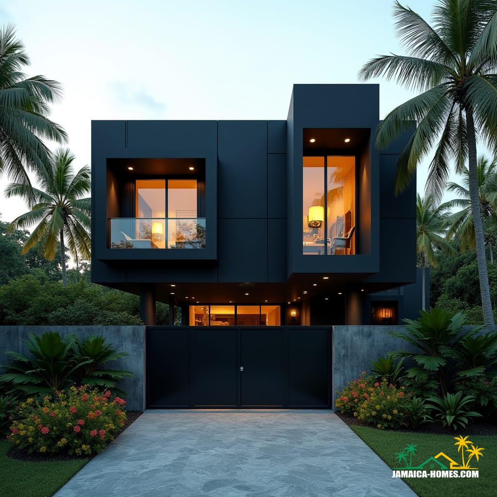 A striking modern black Caribbean cottage in Jamaica, nestled near the beach. The architecture features bold, square, solid lines, with cubic forms stacked in a contemporary Gothic-inspired style. Large, protruding window boxes are framed in matte black steel and concrete. Oversized square windows jut outward, offering views of the turquoise sea and lush tropical greenery. Warm golden interior lighting glows through the solid glass, contrasting with the deep black exterior. The landscape includes tropical palms, flowering plants, and a sleek stone driveway leading to a modern black gate. Cinematic film still, shot on v-raptor XL, film grain, vignette, color graded, post-processed, cinematic lighting, 35mm film, live-action, best quality, atmospheric, masterpiece, epic, stunning, dramatic.