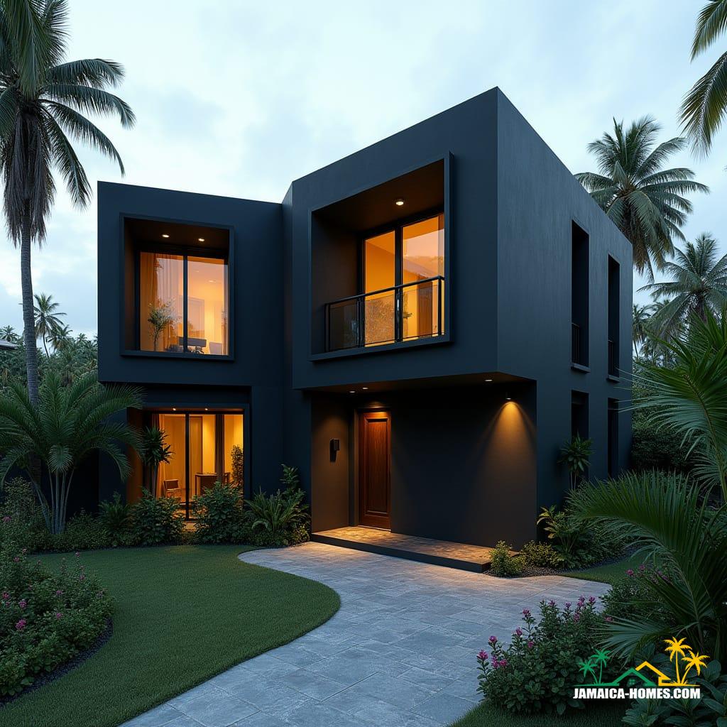 A striking modern black Caribbean cottage in Jamaica, nestled near the beach. The architecture features bold, square, solid lines, with cubic forms stacked in a contemporary Gothic-inspired style. Large, protruding window boxes are framed in matte black steel and concrete. Oversized square windows jut outward, offering views of the turquoise sea and lush tropical greenery. Warm golden interior lighting glows through the solid glass, contrasting with the deep black exterior. The landscape includes tropical palms, flowering plants, and a sleek stone driveway leading to a modern black gate. Cinematic film still, shot on v-raptor XL, film grain, vignette, color graded, post-processed, cinematic lighting, 35mm film, live-action, best quality, atmospheric, masterpiece, epic, stunning, dramatic.