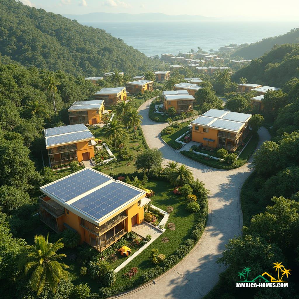  Aerial view of a livable futuristic Jamaican hillside community in 2040. Neighborhood featuring small to medium modular homes with solar glass roofs, green terraces, and vertical gardens, arranged along gentle winding roads. Includes shared community gardens and shaded outdoor seating areas. Streets are designed for electric micro-vehicles and bicycles, with drones overhead. Warm Jamaican color accents on facades blend with tropical hills, palm trees, and ocean views. Bright tropical daylight illuminates roofs and greenery. Ultra-realistic textures, cinematic perspective, livable futuristic architecture, sustainable, comfortable, inviting. Cinematic film still, shot on v-raptor XL, film grain, vignette, color graded, post-processed, cinematic lighting, 35mm film, live-action, best quality, atmospheric, masterpiece, epic, stunning, dramatic.