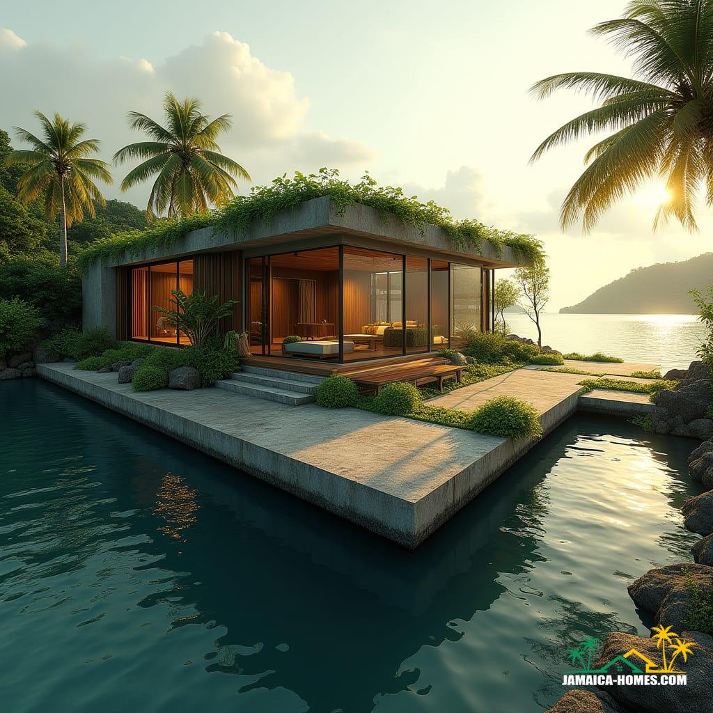 An ultra-modern floating villa in Jamaica, perched on a buoyant reinforced concrete platform, surrounded by lush tropical greenery and a calm coastal lagoon. The villa features slatted facades for natural ventilation, floor-to-ceiling glass walls, and a living rooftop garden, constructed with fiber-reinforced concrete, bamboo composites, and solar glass roofing. Integrated are wind micro-turbines, smart rainwater harvesting tanks, and sustainable water features. Golden hour lighting, soft tropical sunlight reflects on the water, captured in a cinematic perspective. Futuristic architecture with a tropical-modern aesthetic, high detail, ultra-realistic rendering. Cinematic film still, shot on v-raptor XL, film grain, vignette, color graded, post-processed, cinematic lighting, 35mm film, live-action, best quality, atmospheric, a masterpiece, epic, stunning, dramatic.