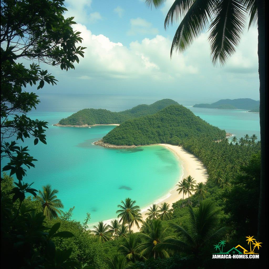 Commissioner of Lands holding Tropical island of Jamaica, surrounded by turquoise ocean, lush green palms, and swaying trees, captured in a cinematic film still, shot on 35mm film with a V-Raptor XL, featuring warm film grain, subtle vignette, and vibrant color grading, with dramatic cinematic lighting, epic atmosphere, and stunning live-action details, reminiscent of the styles of Terrence Malick, Emmanuel Lubezki, and Roger Deakins.