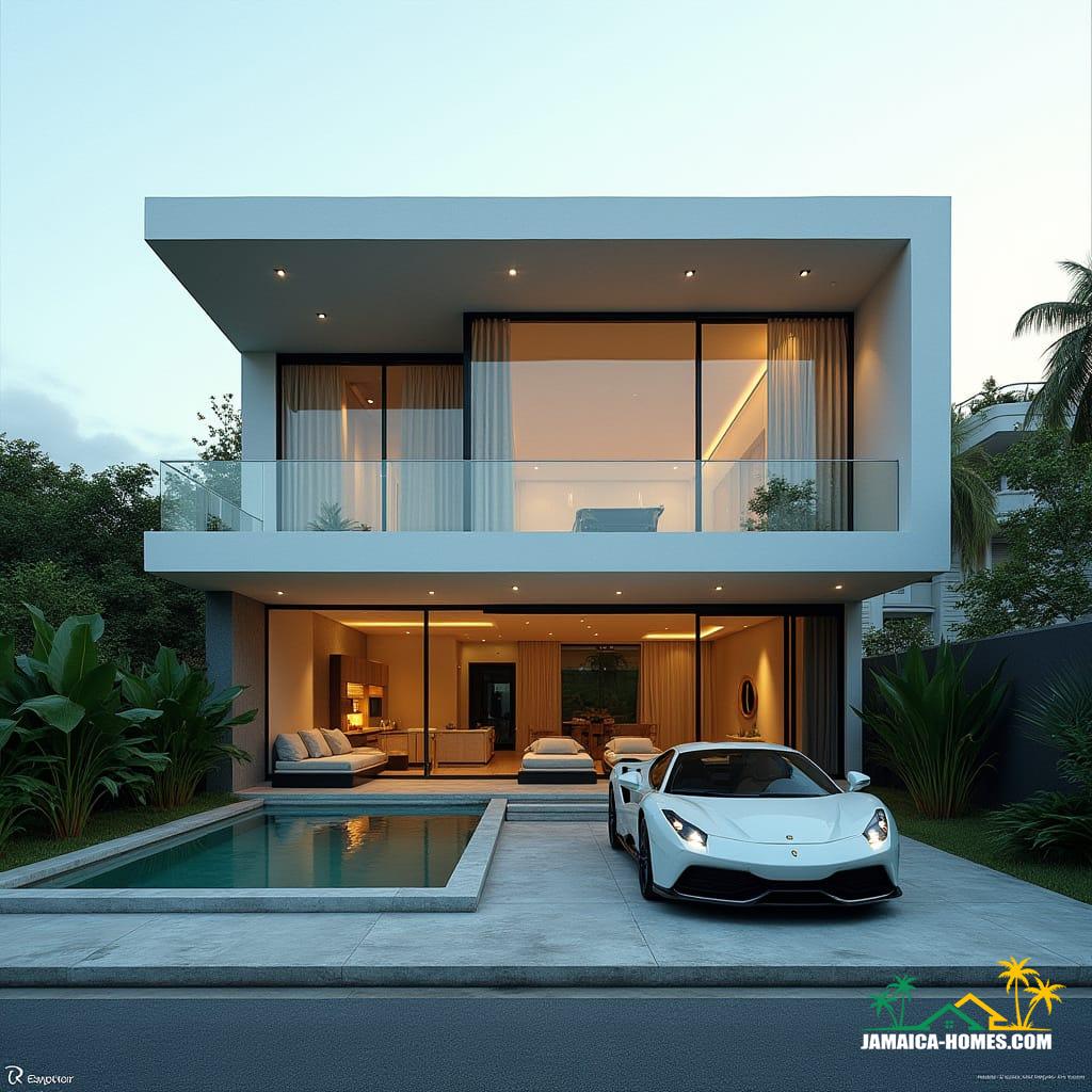 A breathtaking modern Jamaican townhouse in Kingston, entirely clad in reflective glass walls, clean geometric lines, protruding square windows, and a flat roof. Rooftop infinity pool and spa, minimalist landscaping