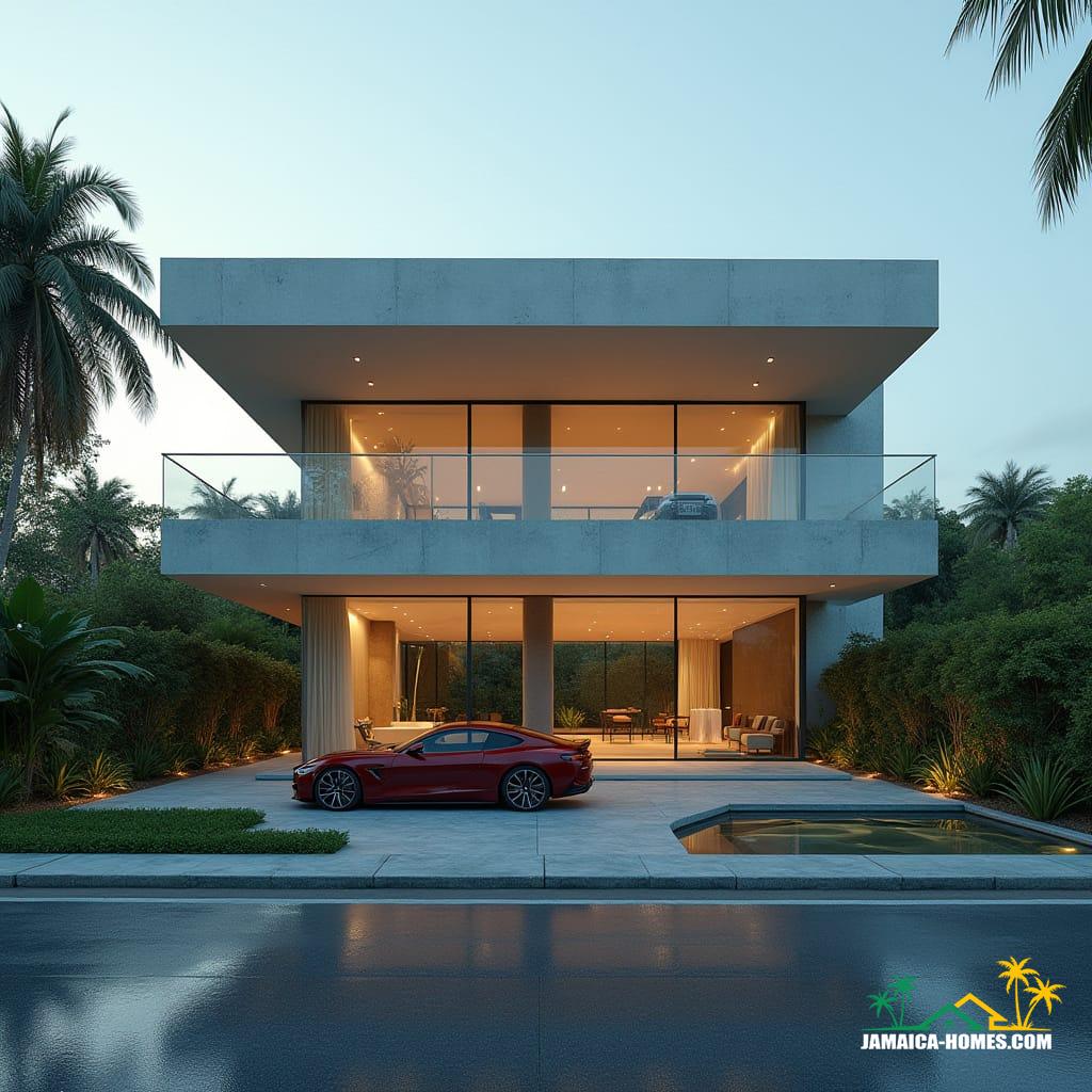 A breathtaking modern Jamaican townhouse in Kingston, entirely clad in reflective glass walls, clean geometric lines, protruding square windows, and a flat roof. Rooftop infinity pool and spa, minimalist landscaping