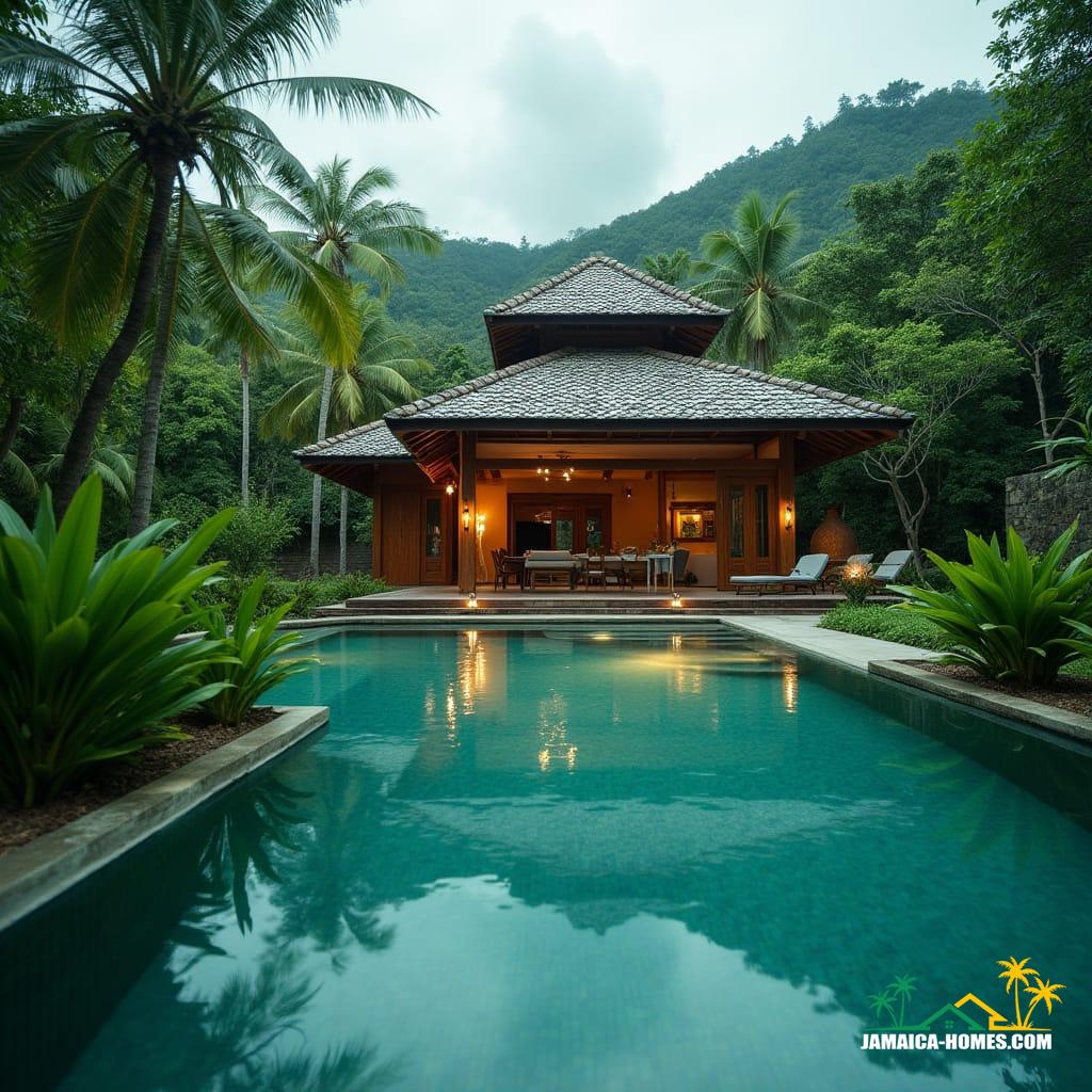 A stunning, modern Jamaican cottage nestled in the lush Caribbean landscape, complete with a shimmering turquoise pool. Cinematic film still, captured on a v-raptor XL with the aesthetic of 35mm film. Shot with cinematic lighting, film grain, and a subtle vignette, all expertly color-graded and post-processed for an atmospheric, masterpiece quality evoking epic, dramatic beauty.