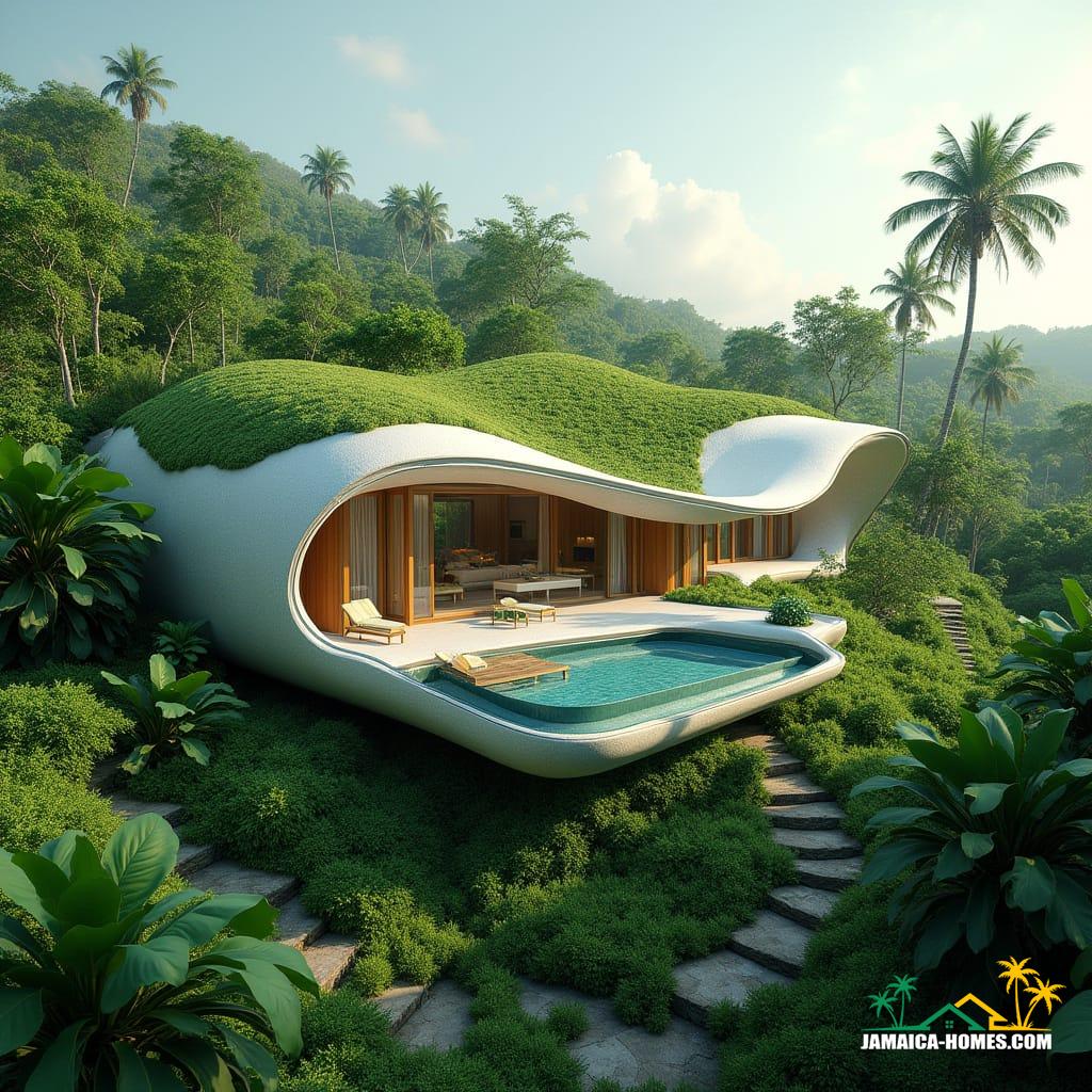 Futuristic Jamaican eco-villa nestled in a lush tropical landscape, AI-driven sustainable design, organic shape