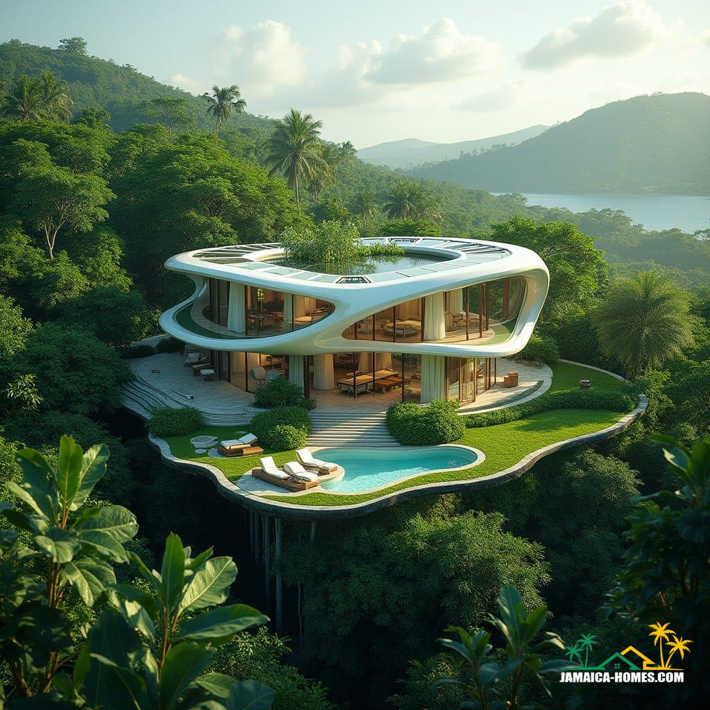 Futuristic Jamaican eco-villa nestled in a lush tropical landscape, AI-driven sustainable design, organic shape