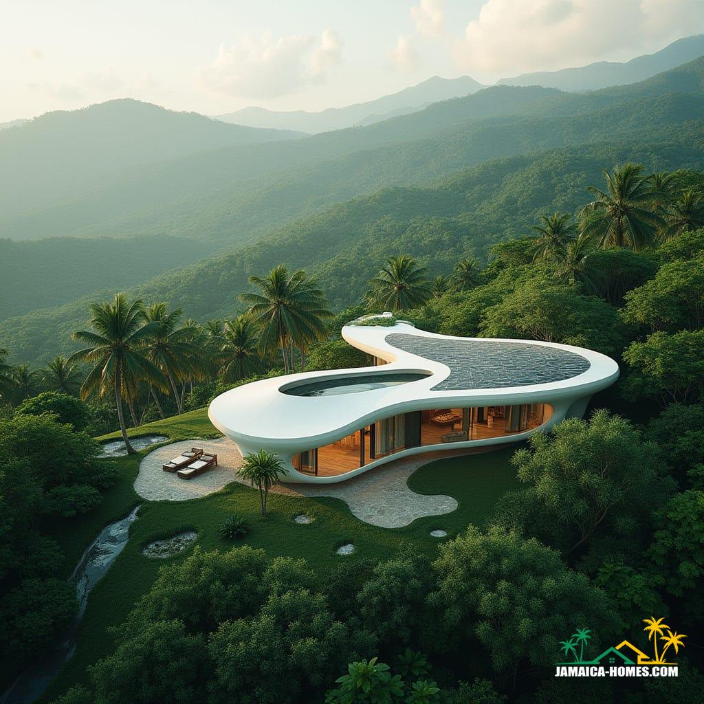 Futuristic Jamaican eco-villa nestled in a lush tropical landscape, AI-driven sustainable design, organic shape